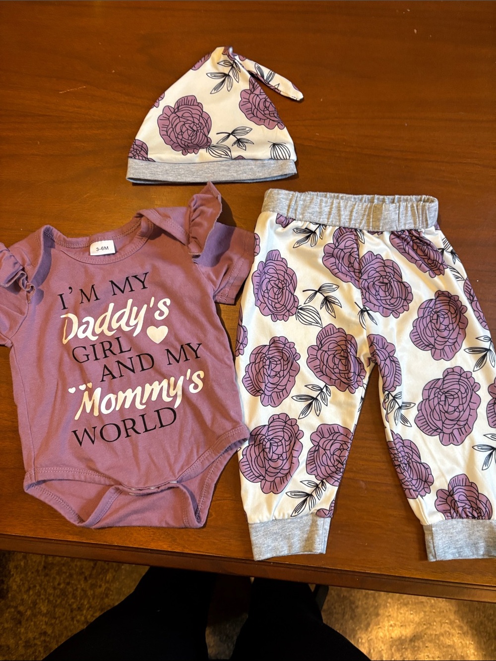 T.J.Maxx Purple Floral 3-Piece Baby Set - Bodysuit, Pants & Hat